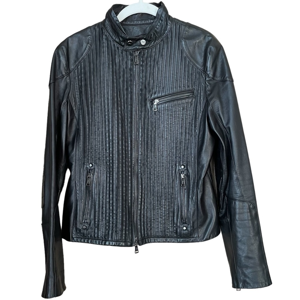 Ralph Lauren Black Label Vertical Paneled Lamb Leather Moto Biker Jacket Size 10